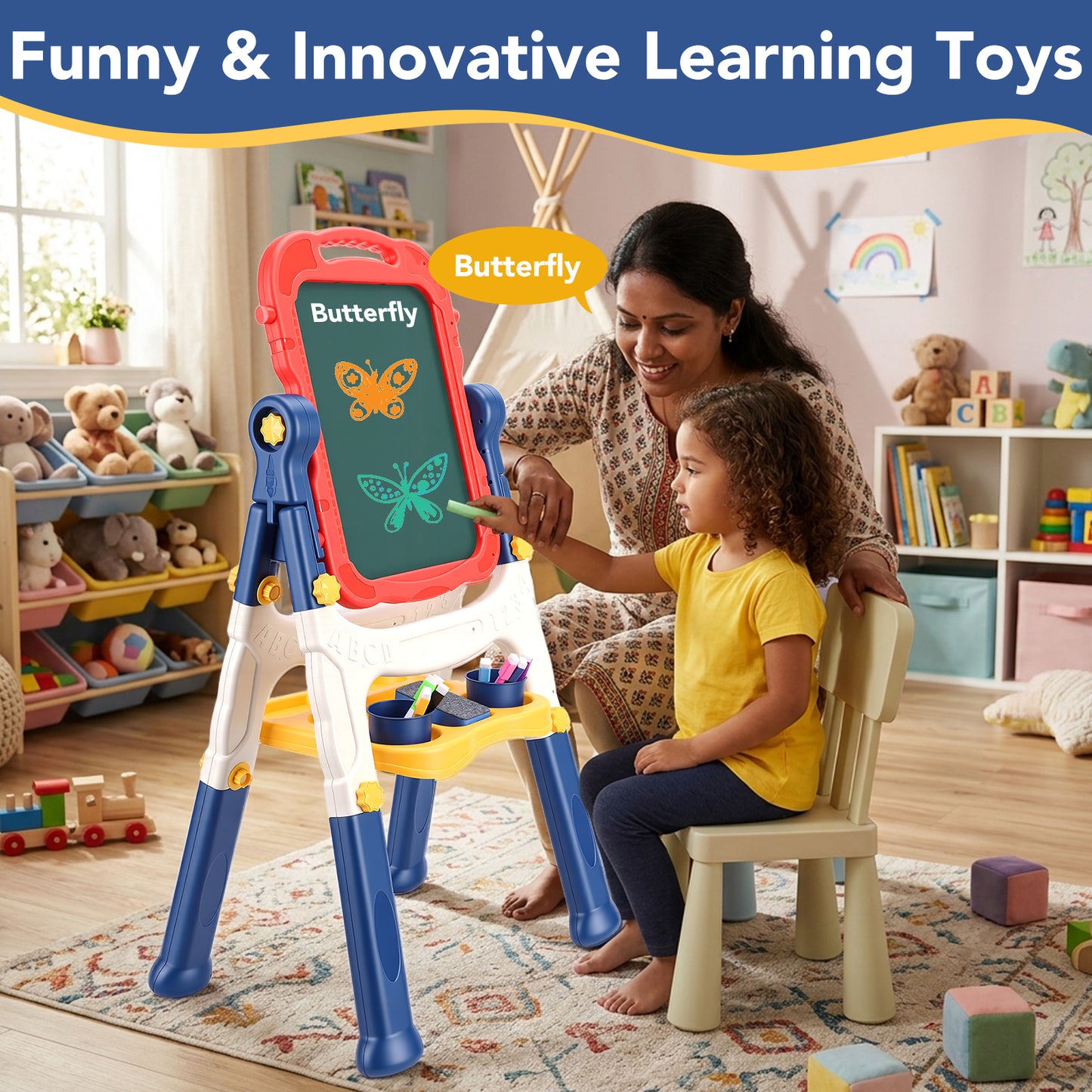 Art Easel for Kids, Adjustable Standing Rotatable Double Sided Easel with Painting Accessories for Toddlers Boys and Girls,Red