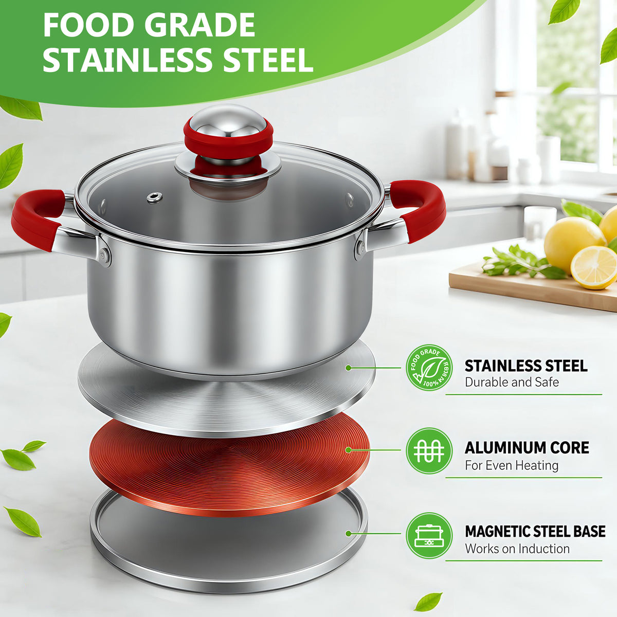 15Pcs Stainless Steel Cookware Set, Pots and Pans Set with Glass Lids, Kitchen Induction Cookware with Utensil Sets For Oven & Dishwasher ,Heavy Premium Kitchen Cooking, Red