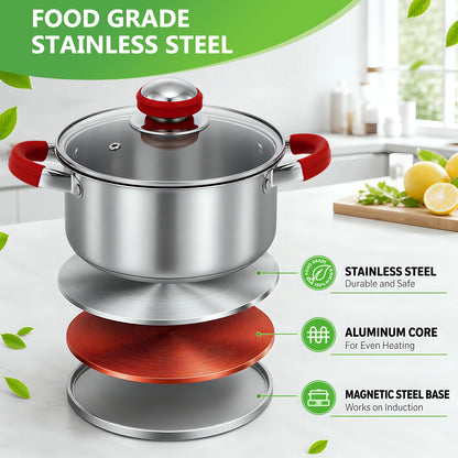 15Pcs Stainless Steel Cookware Set, Pots and Pans Set with Glass Lids, Kitchen Induction Cookware with Utensil Sets For Oven & Dishwasher ,Heavy Premium Kitchen Cooking, Red