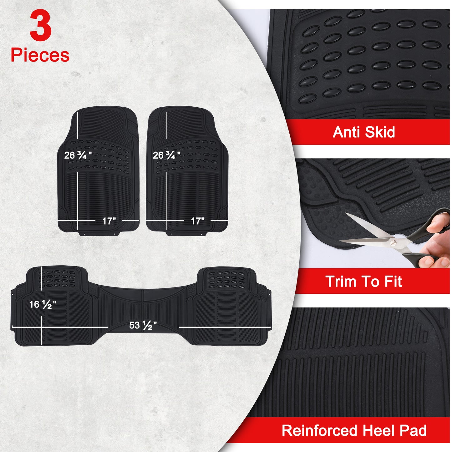 3-Piece All Weather Solid Rubber Car Floor Mats Set, Trimmable Front and Rear- Heavy Duty Deep Dish Mats for Universal Car & SUV Van