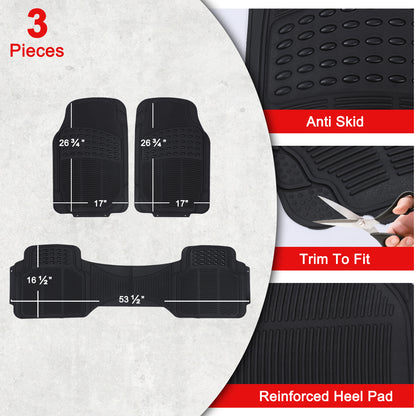 3-Piece All Weather Solid Rubber Car Floor Mats Set, Trimmable Front and Rear- Heavy Duty Deep Dish Mats for Universal Car & SUV Van