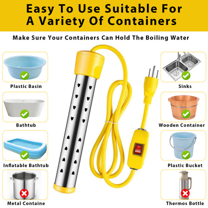 1500W Immersion Water Heater, Portable Bucket Heater with Switch & Auto Off Anti-scald Stainless Steel Protective Guard Indicator Light for Inflatable Pool Bathtub Indoor Outdoor