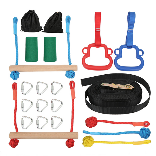 Warrior Obstacle Course for Kids, 50ft Slackline with Gym Rings, Monkey Bars, Rope Knots, Carabiners, Storage Bags, Portable Outdoor Course Training Equipment Set for Backyard Playground