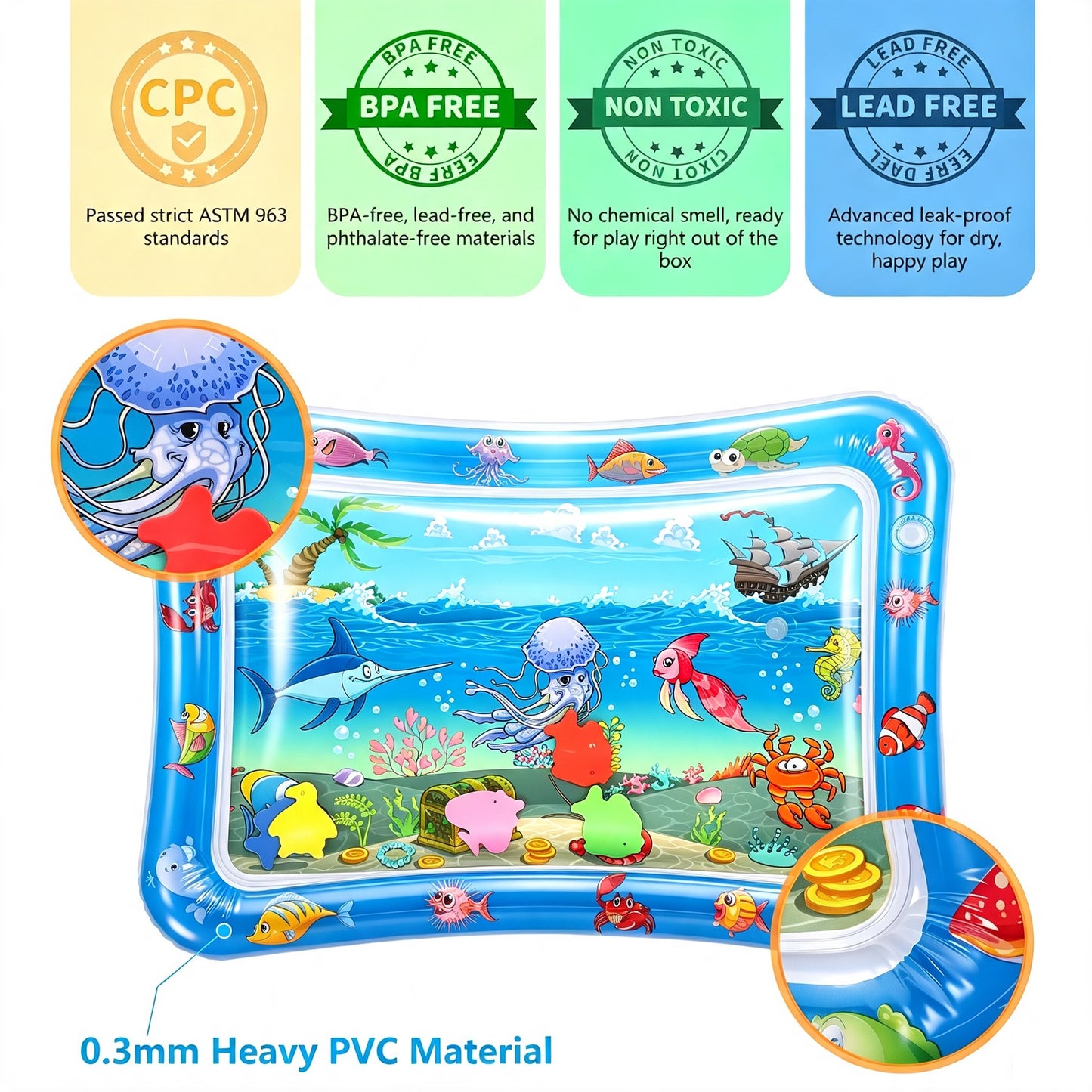 26 x 18.5inch Tummy Time Baby Water Mat,Inflatable Infant Toys for for 3 to 24 Months Baby Playmat Early Sensory Development BPA-Free