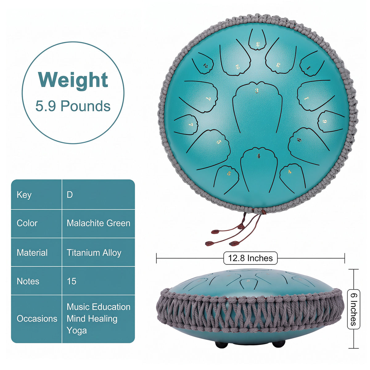 13 inch Steel Tongue Drum, 15 Notes D Major Handpan Drum with Mallets & Carry Bag, Carbon Steel Rain Drum Style Calming Percussion Instrument for Meditation Yoga Beginners Gift, Malachite Green