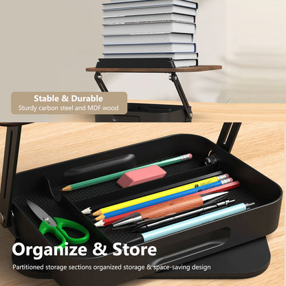 Foldable Wooden Book Stand with Storage,360° Rotating Book Holder for Kitchen Counter, Reading Stand for Desk, Recipe Stand, Book Prop for Book Lovers