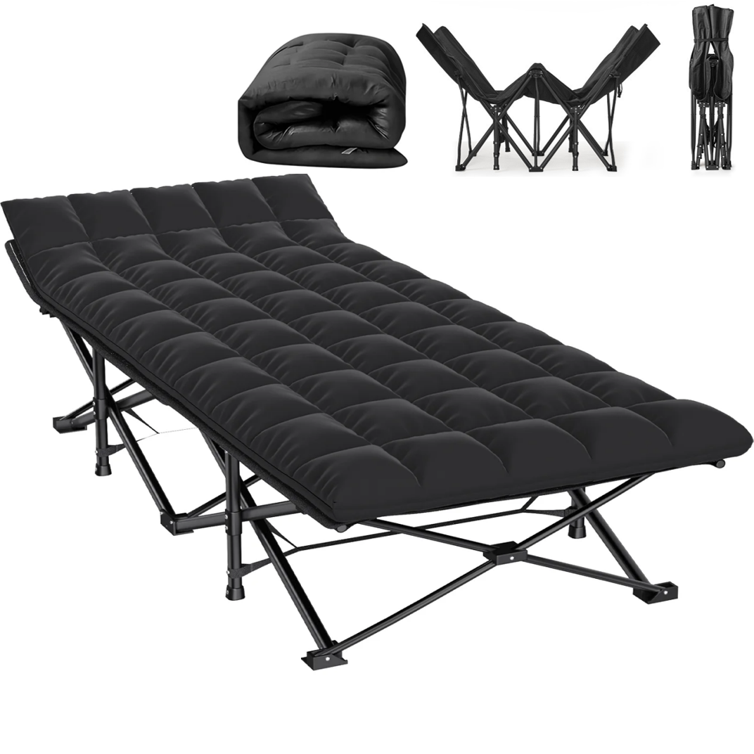 Folding Camping Cots for Adults, Portable Outdoor Camping Bed with Mattress, Heavy Duty Guest Bed Sleeping Cot Folding Bed for Camping Traveling Office Use, 74" x 26", Black, Supports 330 lbs