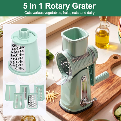 Handle Rotary Cheese Grater with Interchangeable 5 Blades, Suction Base, Mandoline Slicer & Veg Shredder with Blade Storage Box,Green