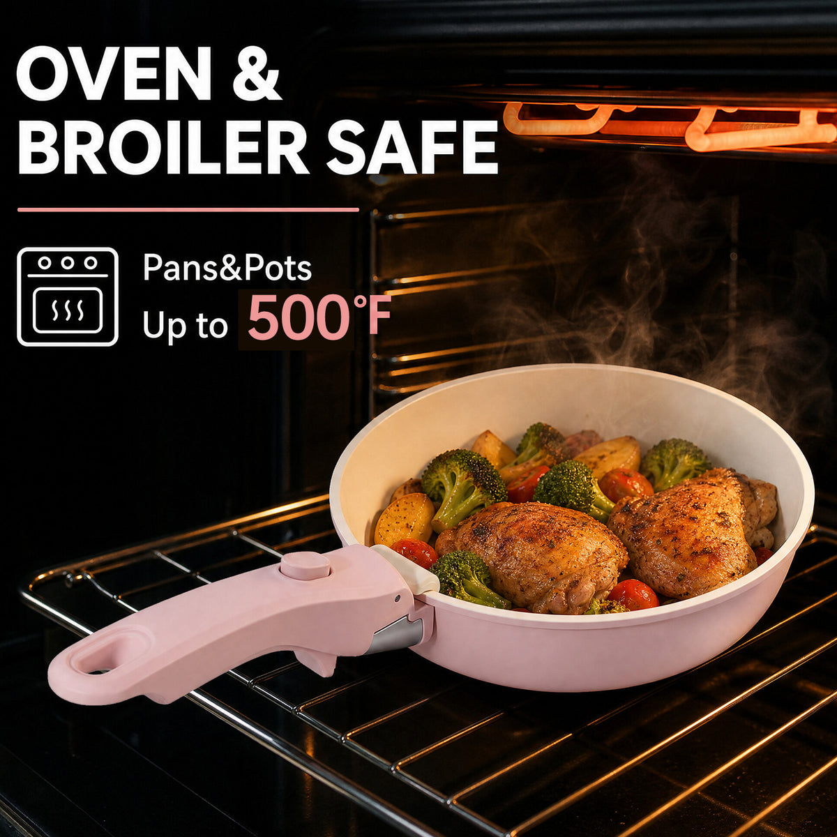 20 Piece Ceramic Pots and Pans Set, Nonstick Cookware Set with Detachable Handles, Oven Safe to 500°F, Induction Compatible, Stackable RV Kitchen Cooking Set, Pink