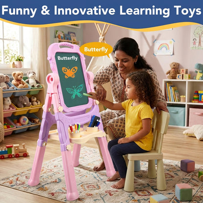 Art Easel for Kids, Adjustable Standing Rotatable Double Sided Easel with Painting Accessories for Toddlers Boys and Girls,Pink