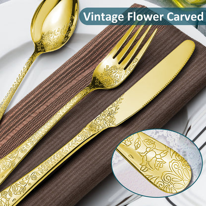 LHCER 20PCS Gold Silverware Set Service for 4, Stainless Steel Titanium Gold Plating Flatware Set, Knives Forks Spoons Tea Forks Teaspoons Kits with Flower Pattern for Kitchen Restaurant Party Gold