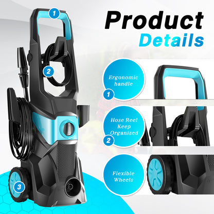 Electric Pressure Washer, 4000PSI Max 2.4 GPM with 4 Nozzles, Portable High Pressure Cleaning Machine Washer with 32FT Hose, for Cars, Driveways, Fences, Patios, Home Cleaning