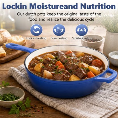 2 in 1 Cast Iron Dutch Oven Pot with Skillet Lid, 4+2qt Enamel Dutch Oven Dual Handle, All-in-One Cookware, Blue