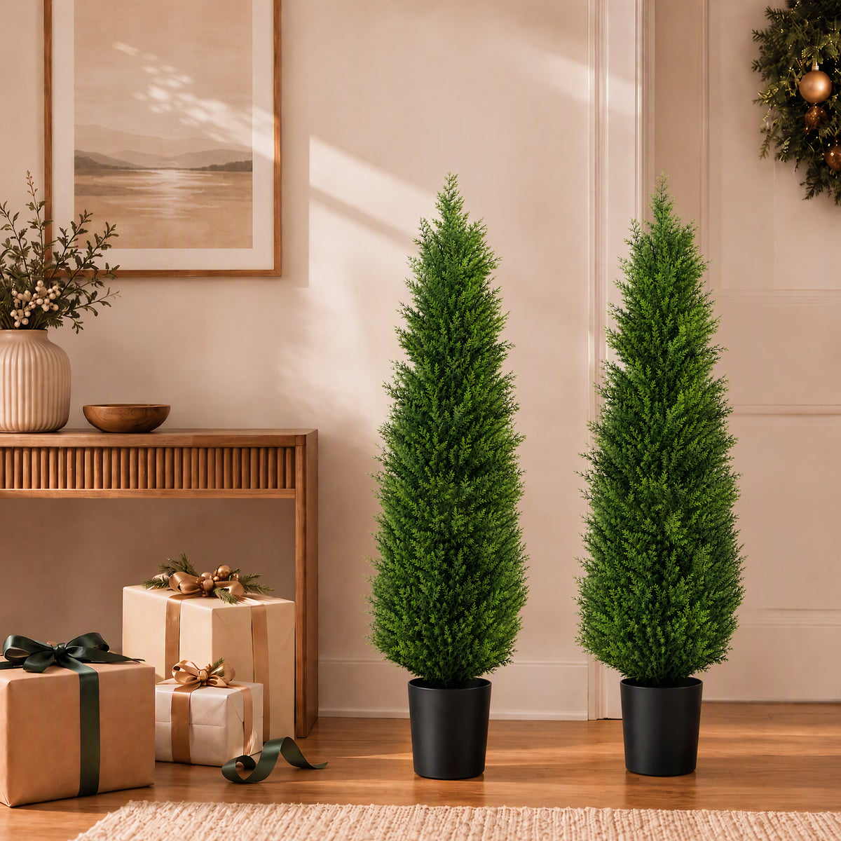 Artificial Cedar Tree 2 Pack 5 ft Tall Faux Cedar Topiary Plant Fake Lifelike Potted Pine for All-Season Home Office Porch Entryway Decor