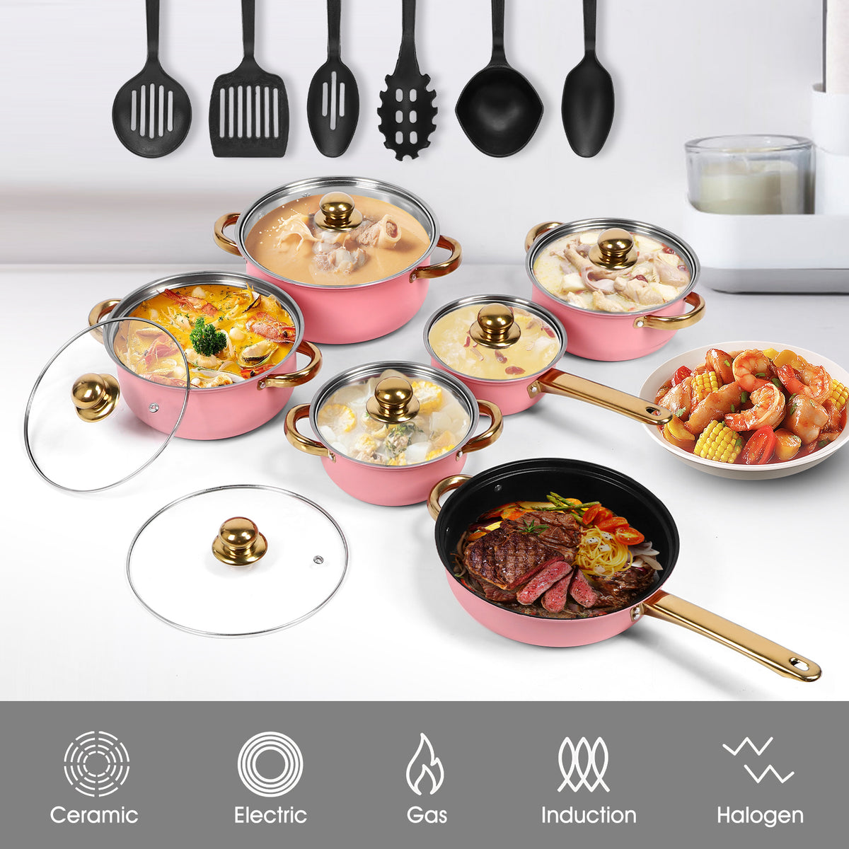 18Pcs Stainless Steel Cookware Set, Nonstick Pots and Pans Cooking Utensils Set with Gold Plated Handles for Kitchen, Pink