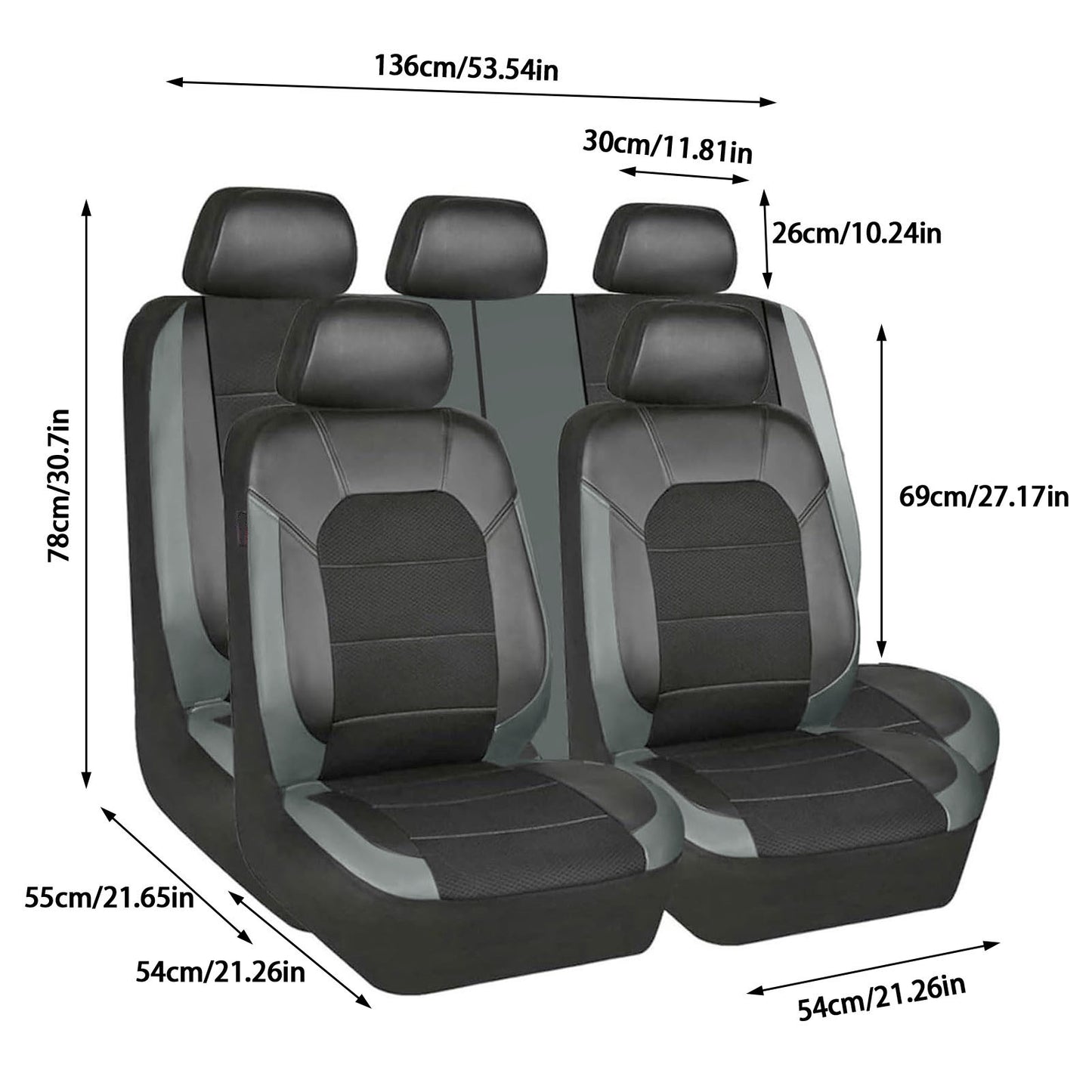 5 Seats Car Seat Cover, Sponge + PVC Leather Universal Seat Cover,Split Bench Compatible,Universal Fit for Auto Trucks Van SUV,Gray