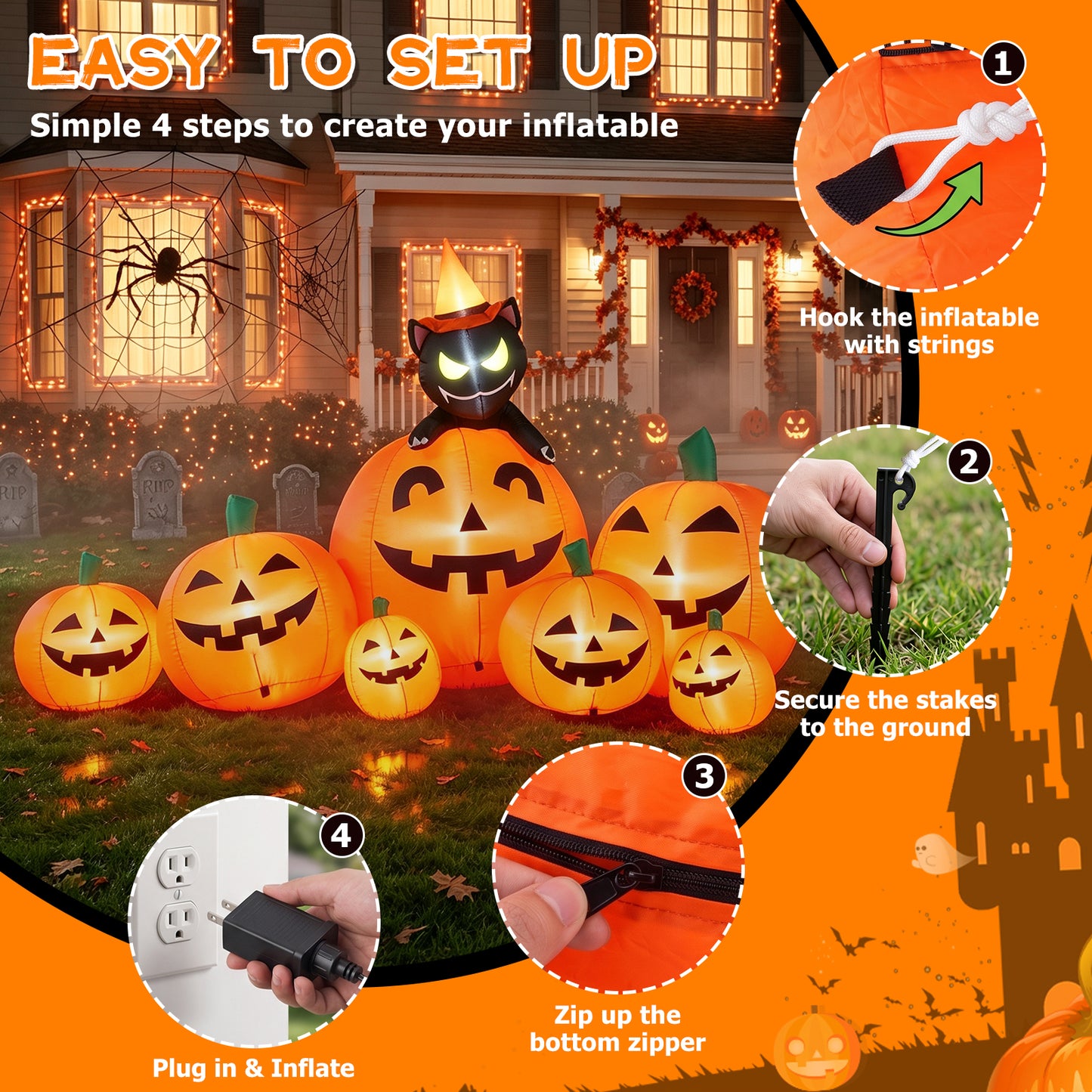 7 FT Long Halloween Inflatables Pumpkin Outdoor Decorations, 7 Pumpkins Outside Decoration with Witch's Cat with Build-in LEDs Blow Up Inflatables for Party Yard Lawn Garden Decor