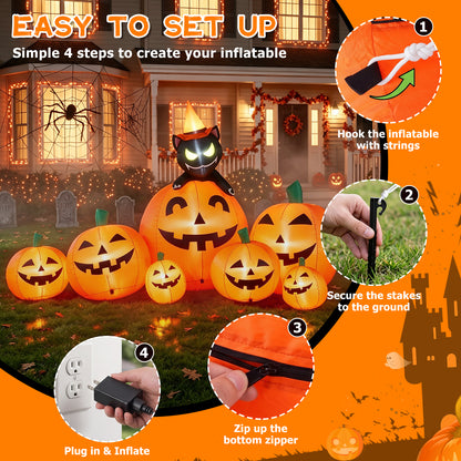 7 FT Long Halloween Inflatables Pumpkin Outdoor Decorations, 7 Pumpkins Outside Decoration with Witch's Cat with Build-in LEDs Blow Up Inflatables for Party Yard Lawn Garden Decor