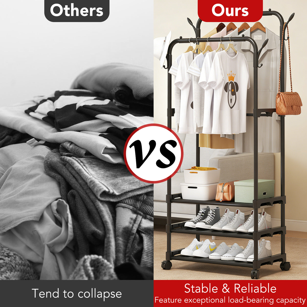 Clothing Garment Rack - 26.8" × 13.8" × 69" Double Rails Closet Rack with 3-Tier Shoe Rack and Wheels, Shoe Organizer for Entryway, Bedroom, or Laundry, Black