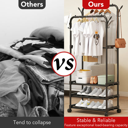 Clothing Garment Rack - 26.8" × 13.8" × 69" Double Rails Closet Rack with 3-Tier Shoe Rack and Wheels, Shoe Organizer for Entryway, Bedroom, or Laundry, Black