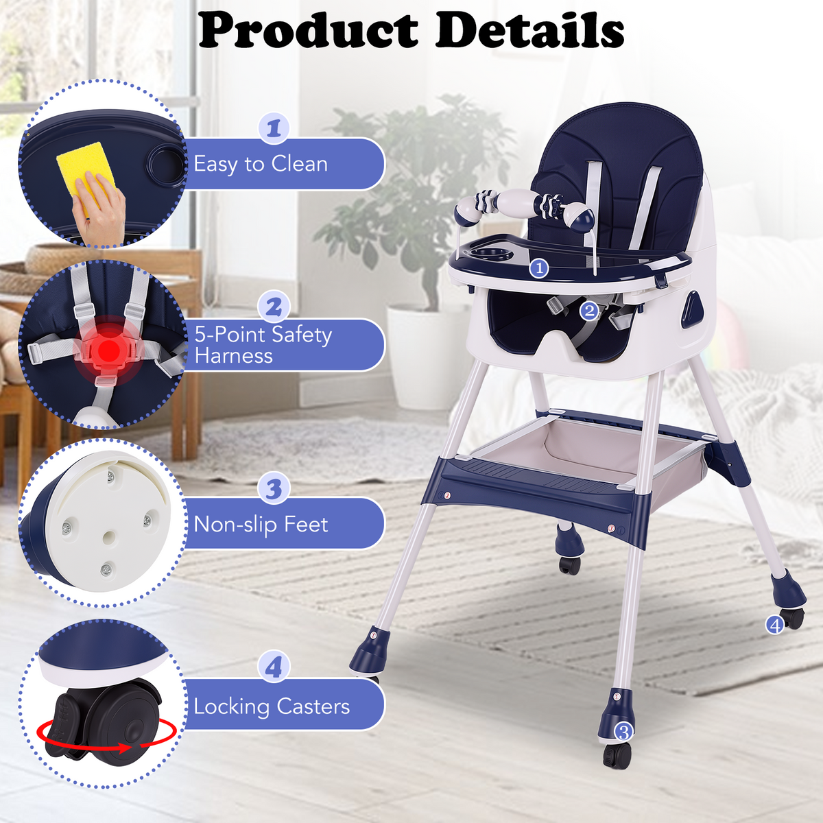 Baby High Chair, Convertible 6 in 1 Feeding Chairs for Babies and Toddlers, Foldable Baby Highchair, Adjustable Dining Tray, Backrest & Height, Blue