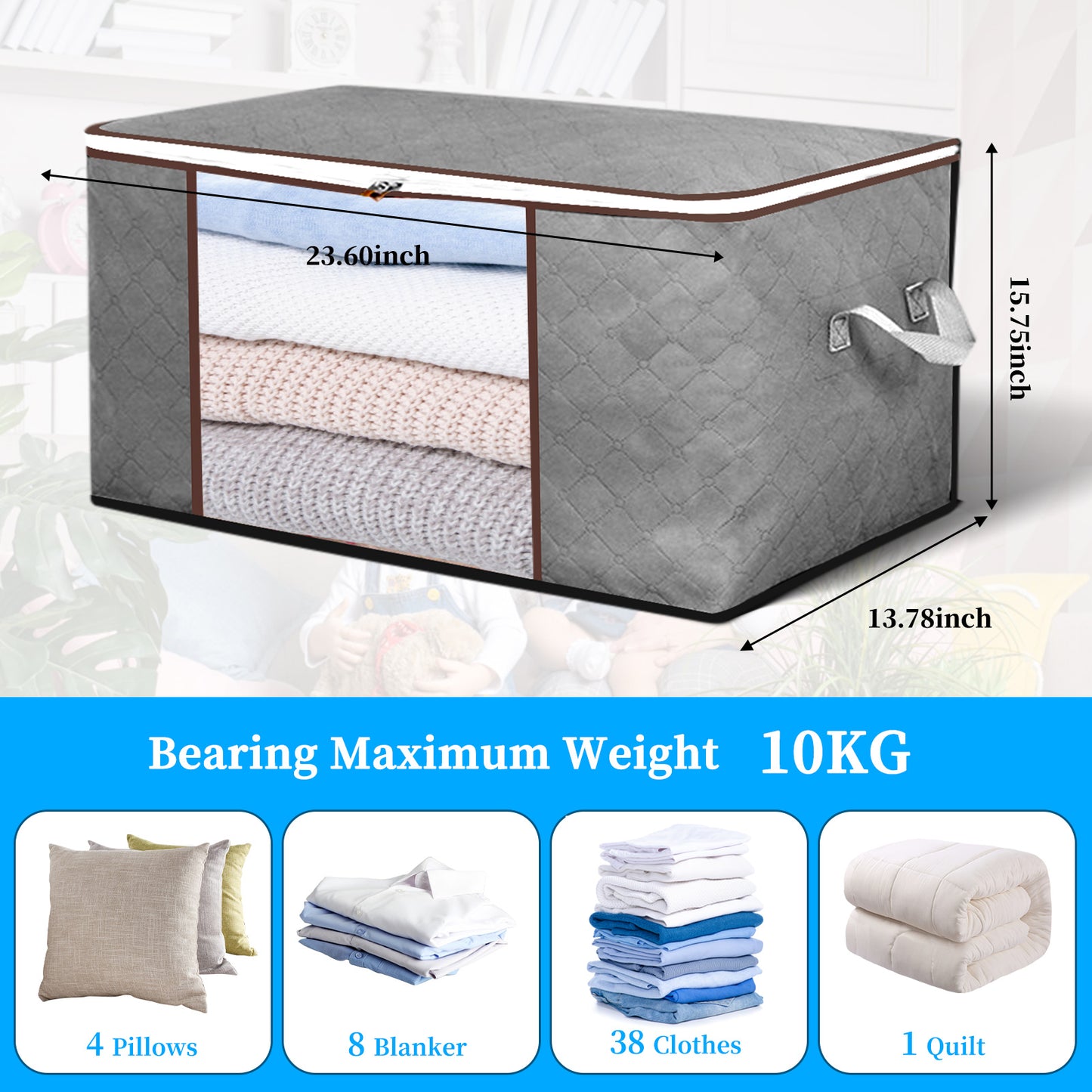 90L Large Clothes Storage, 6 Pack Foldable Closet Storage Bags 23.6 x 16 x 14inchs with Handles (Gray)