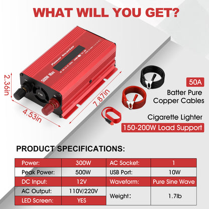 500 Watts Pure Sine Wave Power Inverter for Vehicles, Converter DC 12v to AC 110V Car Inverter with USB Port and LCD Screen