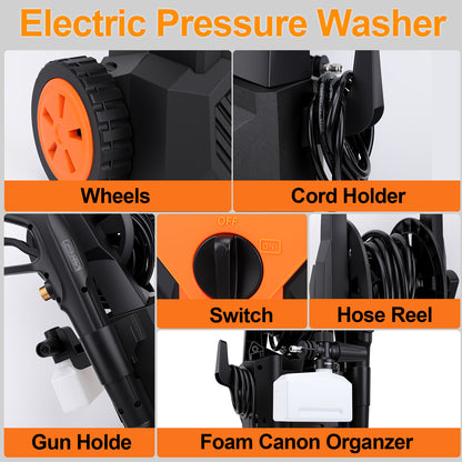 Electric Pressure Washer, 4500PSI Max 3.2 GPM 33FT Hose w/ Hose Reel , 4 Connect Nozzles Foam Cannon for Cars, Fences, Driveways, Patios, Home Cleaning