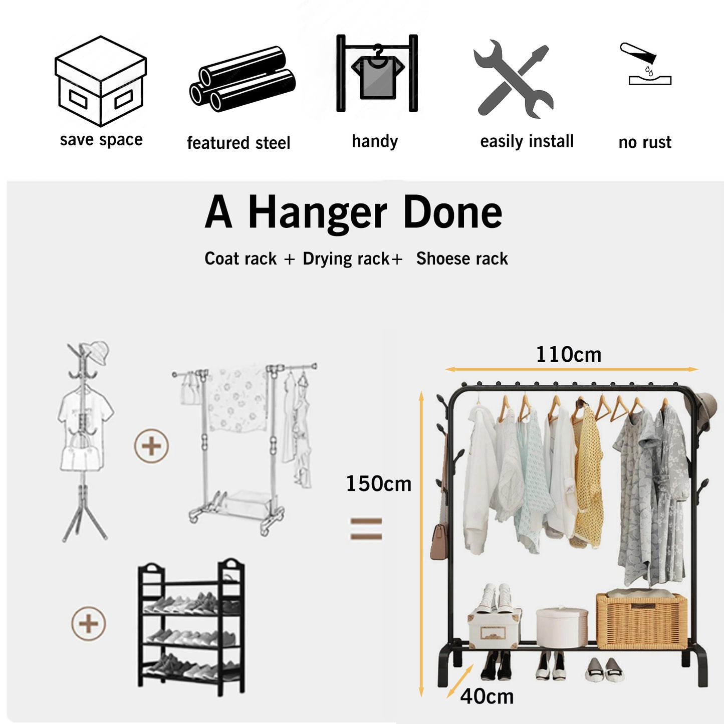 Clothes Rack, Heavy Duty Clothing Garment Rack with Bottom Shelf,Side Hat Hooks,8 Hooks for Hanging Clothes, Coats, Skirts, Shirts, Sweaters, Freestanding Clothes Organizer, Black
