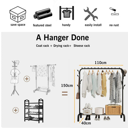 Clothes Rack, Heavy Duty Clothing Garment Rack with Bottom Shelf,Side Hat Hooks,8 Hooks for Hanging Clothes, Coats, Skirts, Shirts, Sweaters, Freestanding Clothes Organizer, Black