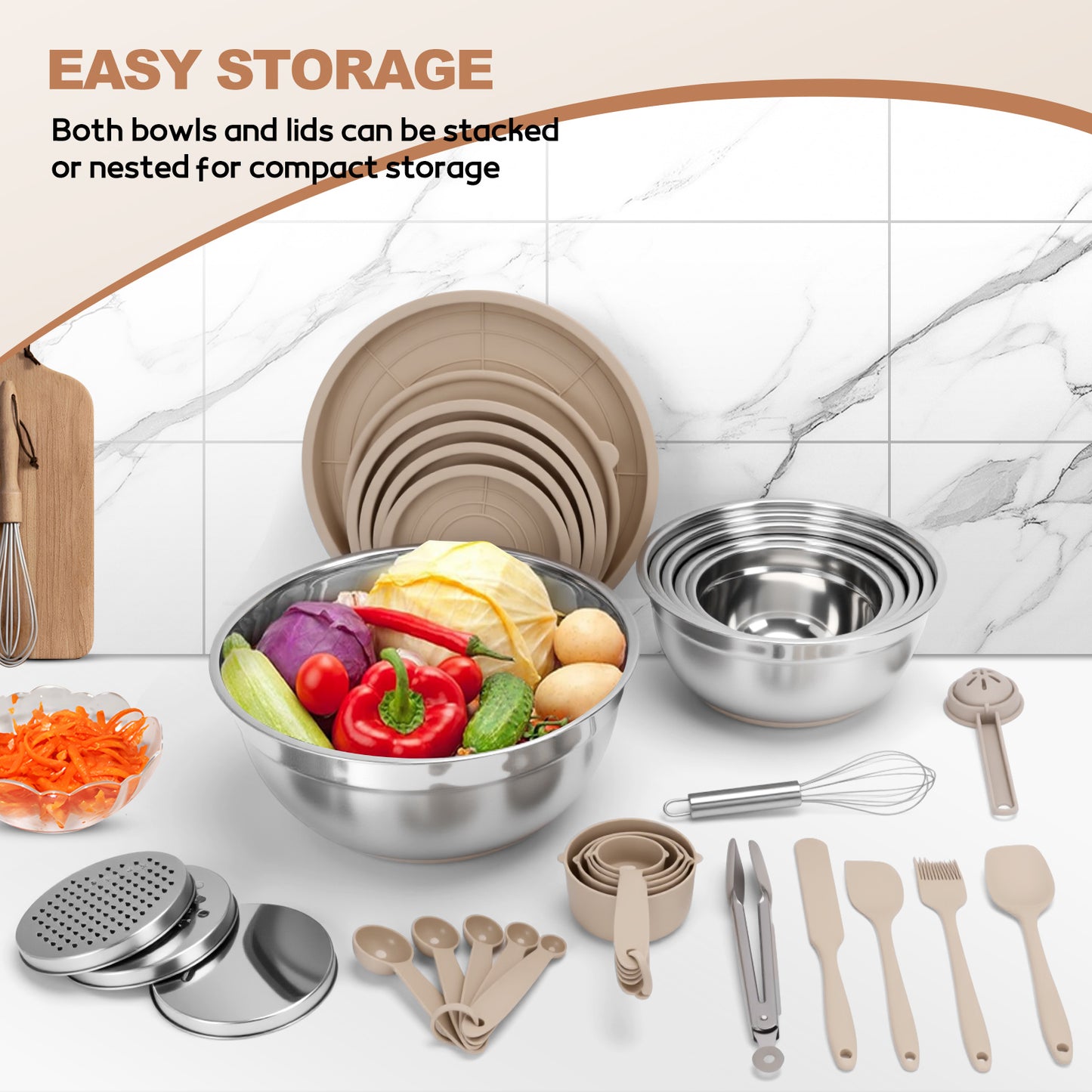 Mixing Bowls with Airtight Lids, 32Pcs Stainless Steel Nesting Non-Slip Bottoms Mixing Serving Bowls Set wtih 3 Grater & Tools Gadgets, 7/4/2.5/2.5/1.5/1QT Metal Salad Bowls for Mixing & Serving