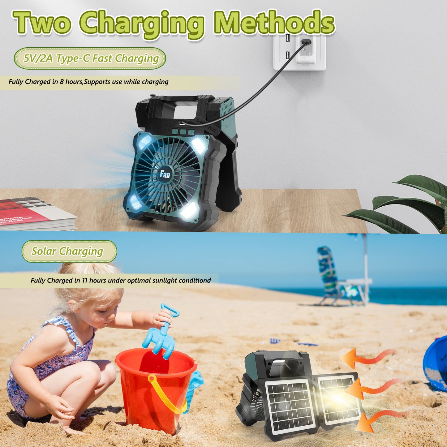 10000mAh Solar Camping Fan with Power Bank & Light, 5 Speeds USB Rechargeable Solar Powered Fan with Timer, 90° Foldable Portable Quiet Desk Fan for Hiking Power Outage Fishing Travel BBQ