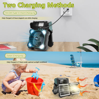 10000mAh Solar Camping Fan with Power Bank & Light, 5 Speeds USB Rechargeable Solar Powered Fan with Timer, 90° Foldable Portable Quiet Desk Fan for Hiking Power Outage Fishing Travel BBQ