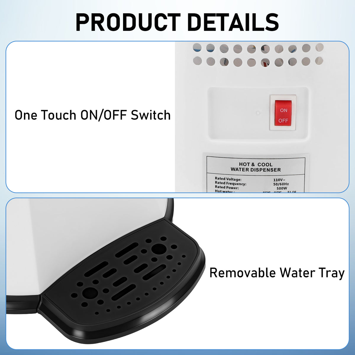 500W Mini Countertop Water Dispenser, Top Loading Electric Water Dispenser for 3 & 5 Gallon Bottles,White