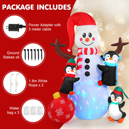 6FT Christmas Inflatable Outdoor Decoration, Snowman with Penguin and Red Ball, Navidad Blow Up Yard Decor with Built-in LED Light for Lawn, Garden, Party
