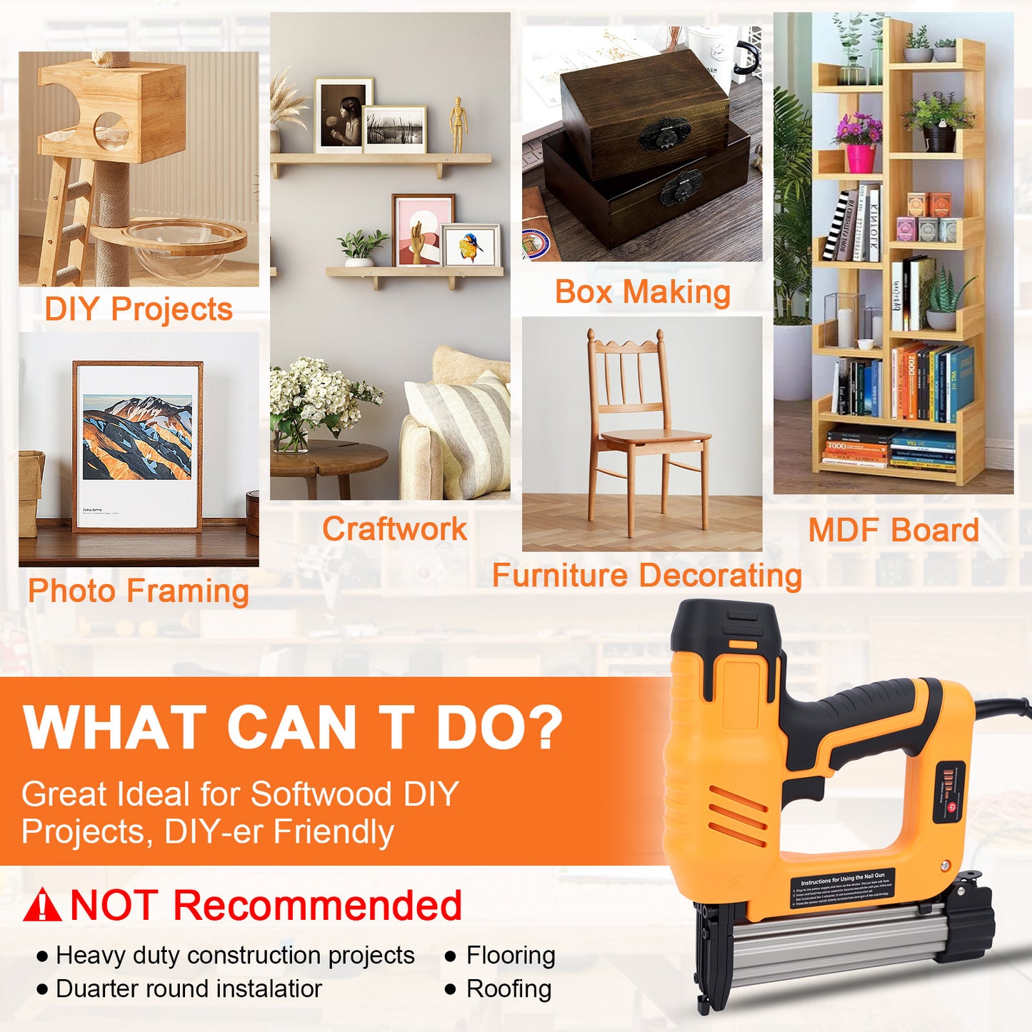 2-in-1 Electric Brad Nailer, Electric Nail Gun/Staple Gun for Upholstery, Carpentry and Woodworking Projects,Yellow