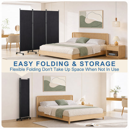 Rolling Room Dividers 5.9FT 3 Panel, Folding Privacy Screens with Lockable Wheels,102" W Portable Wall Divider Room Separation for Porch Living Room Dorm Studio Office, Black