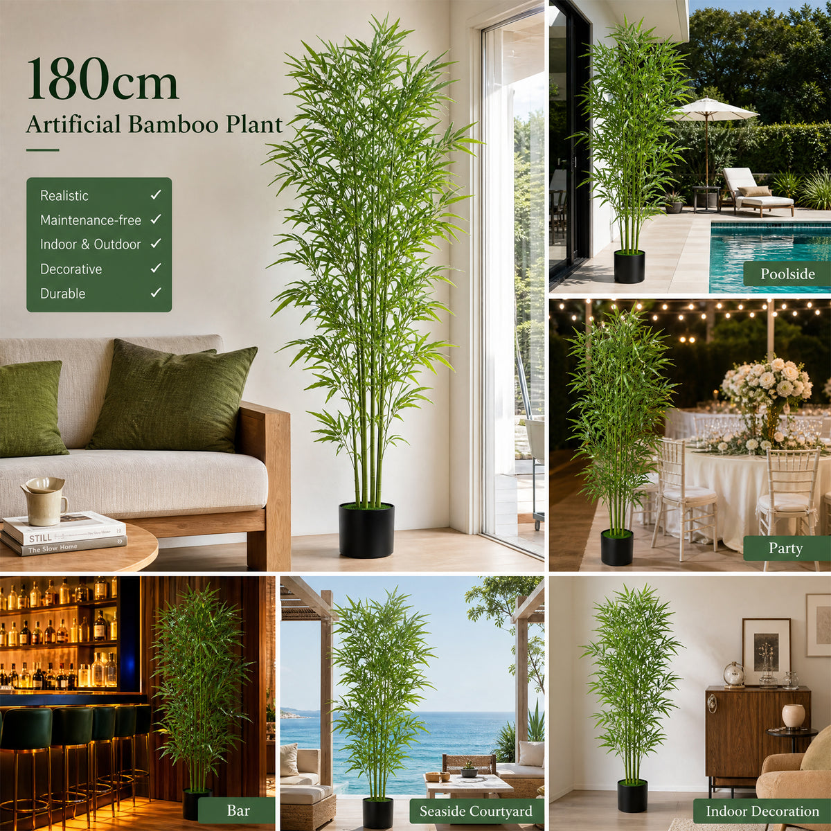 Artificial Bamboo Tree, 6ft Tall Fake Bamboo Plant with Planter, Faux Trees with 5 Trunks and Lifelike Leaves for Indoor Outdoor Home Office Décor