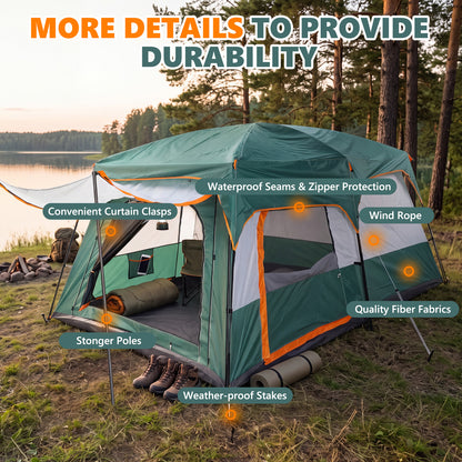 Family Camping Tent 8 Person Tent Waterproof Windproof with Divided Curtain for Separated 2 Rooms with Carry Bagfor Campng, Outdoor,Green