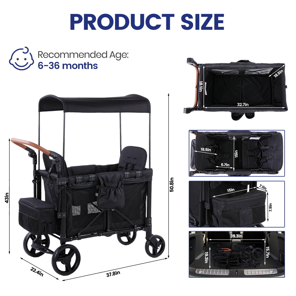 Wagon Stroller for 2 Kids, Outdoor Baby Stroller Wagon with Canopy, 5-Point Harness, Adjustable Handlebars for Toddlers, Black