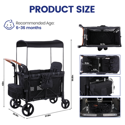 Wagon Stroller for 2 Kids, Outdoor Baby Stroller Wagon with Canopy, 5-Point Harness, Adjustable Handlebars for Toddlers, Black