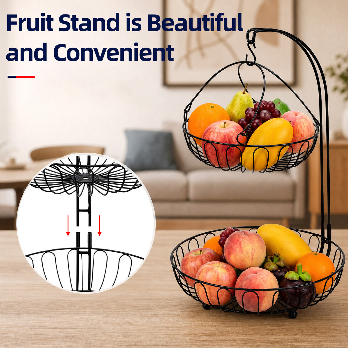 2-Tier Iron Countertop Fruit Vegetables Basket Bowl Storage With Banana Hanger & Detachable Fruit Basket, Black
