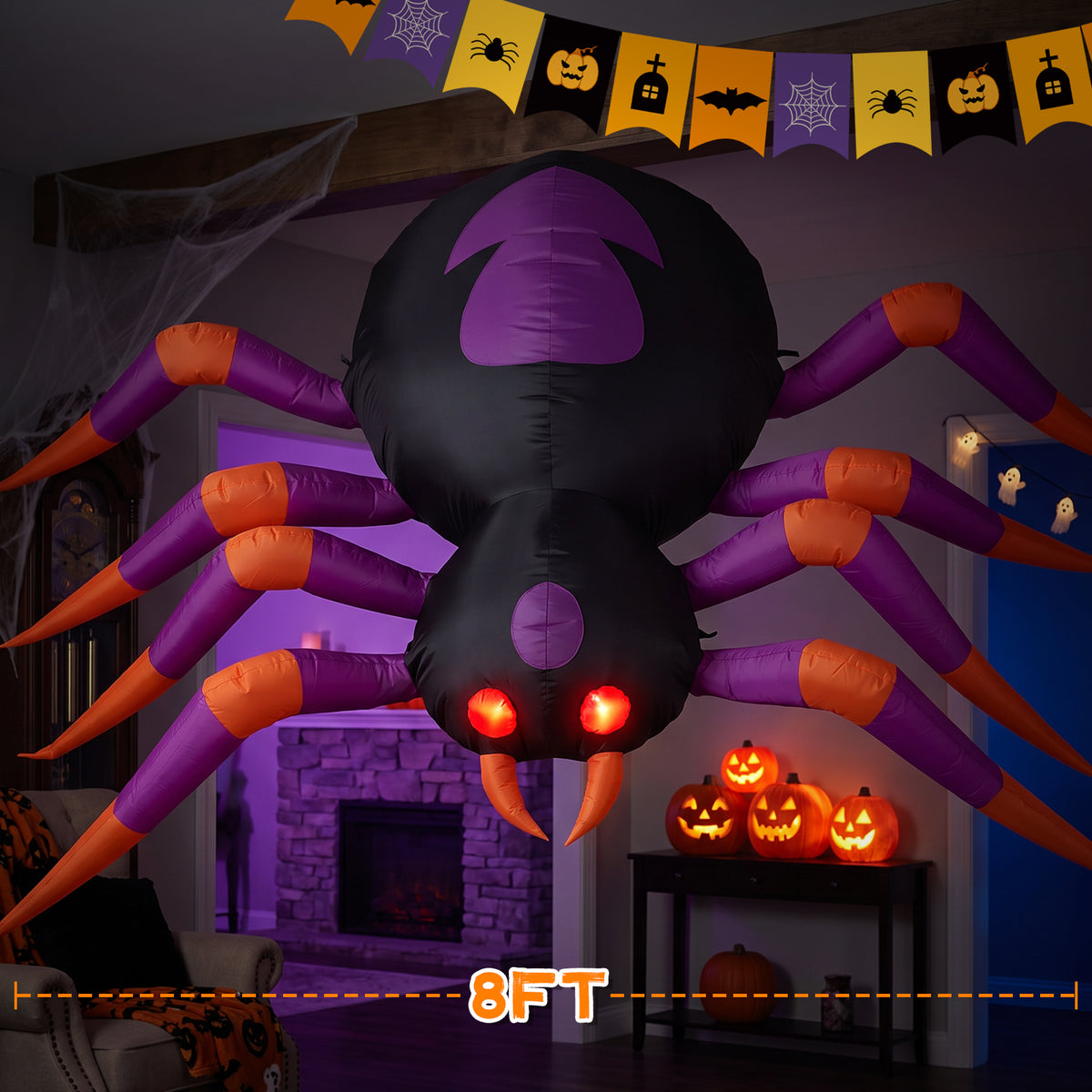 8 FT Halloween Inflatables Spider with Changing Eyes, Giant Blow Up Yard Decoration Spider with Build-in LED Lights for Halloween Party Outdoor, Garden, Lawn, Patio, Yard Decor