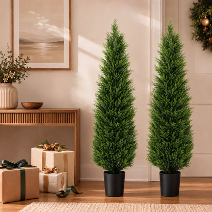 Artificial Cedar Tree 2 Pack 4 ft Outdoor Artificial Topiary Cedar Plants Fake Tree UV Rated Potted Tree for Perfect Housewarming Gift, Set of 2