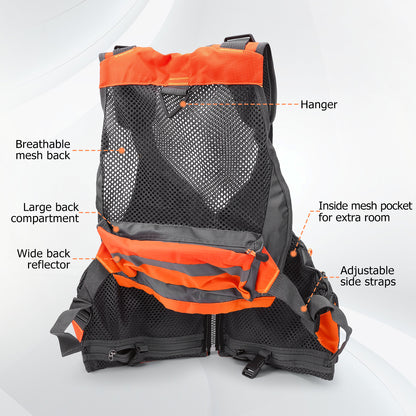 Fly Fishing Vest for Men Women, Comfortable Adjustable Fishing Vest with Multi-Pockets Reflective Stripes, Lightweight and Durable Unisex Strap Fishing Vest Pack, for Fly Bass Fishing,Orange