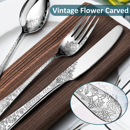 LHCER 20PCS Silverware Set Service for 4, Stainless Steel Titanium Silver Plating Flatware Set, Knives Forks Spoons Tea Forks Teaspoons Kits with Flower Pattern for Kitchen Restaurant Party Sliver