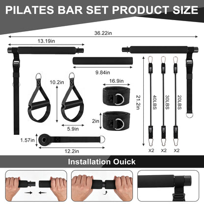 Pilates Bar Kit with 20 30 40 Lbs Resistance Bands,Workout Equipment for Legs,Hip,Waist and Arm,Exercise Fitness Equipment for Women & Men Home Gym Yoga Pilates,Black