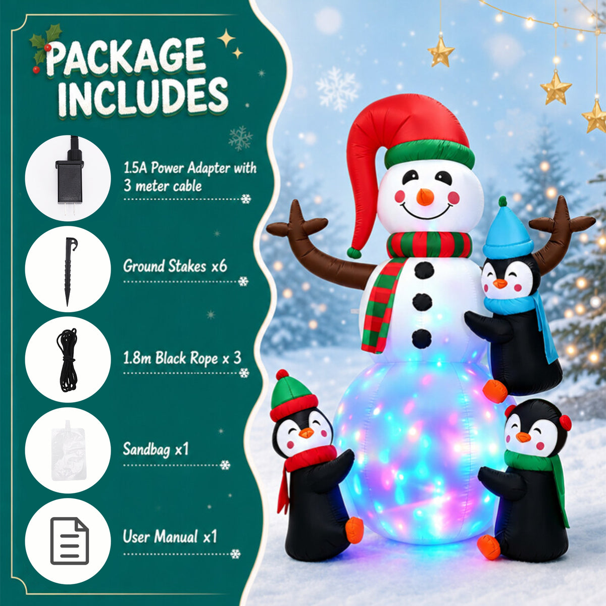 6FT Christmas Inflatable Outdoor Decoration, Snowman with Penguin, Blow Up Yard Decor with Built-in LED Light for Lawn, Garden, Party