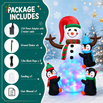 6FT Christmas Inflatable Outdoor Decoration, Snowman with Penguin, Blow Up Yard Decor with Built-in LED Light for Lawn, Garden, Party