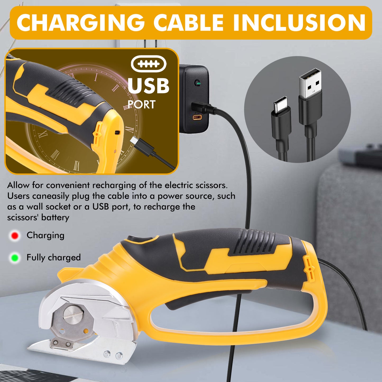 Cordless Electric Scissors,4V Rechargeable Cardboard Cutter Fabric Scissor W/Safe Lock & LED Light,Powerful Cutter for Leather Carpet Plastic Cutting,Sewing,Crafting,Yellow